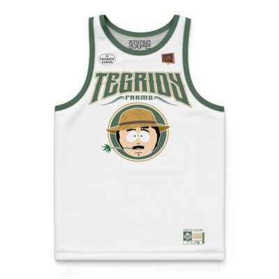 The Tegridy Farms Marsh South Park Basketball Jersey is a white jersey with green trim, featuring Tegridy Farms, a mustached cartoon in a safari hat, and a small marijuana leaf graphic.