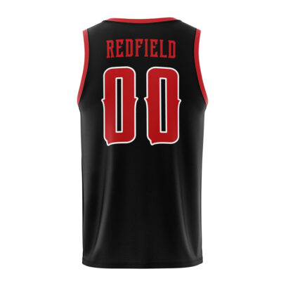 A black Umbrella Corp Resident Evil basketball jersey with red trim, featuring REDFIELD and the number 00 in bold red and white on the back.