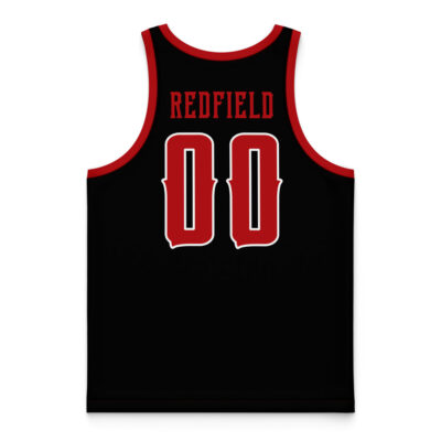 The Umbrella Corp Resident Evil Basketball Jersey is a black jersey with red trim, featuring REDFIELD in red and white above the number 00 on the back.