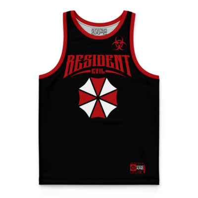 The Umbrella Corp Resident Evil Basketball Jersey is a black tank top with red trim, RESIDENT EVIL in red, a red and white Umbrella Corporation logo, and a small red biohazard symbol near the left shoulder.