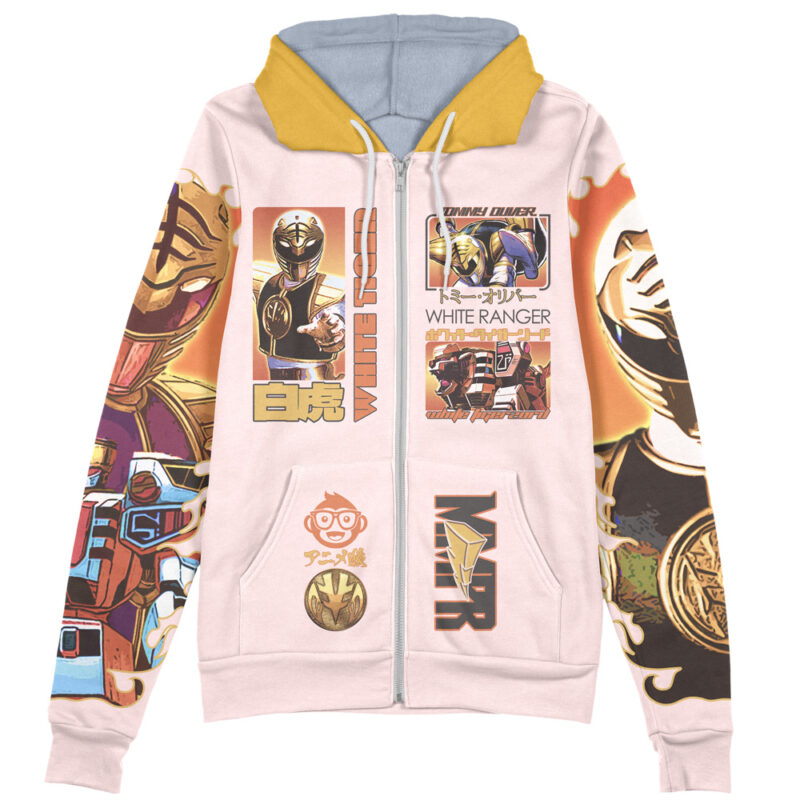 White Ranger Mighty Morphin Power Rangers Streetwear Zip Hoodie Jacket - Image 2