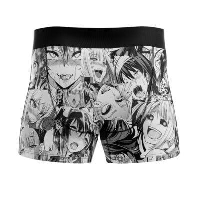 Ahegao Manga Boxer Briefs Men's Underwear featuring a black waistband and a collage of expressive black-and-white manga character faces, each showing various exaggerated emotions.