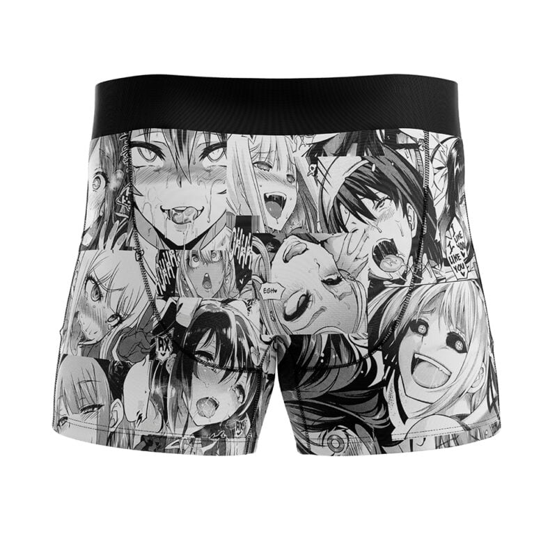 Ahegao Manga Boxer Briefs Men's Underwear featuring a black waistband and a collage of expressive black-and-white manga character faces, each showing various exaggerated emotions.