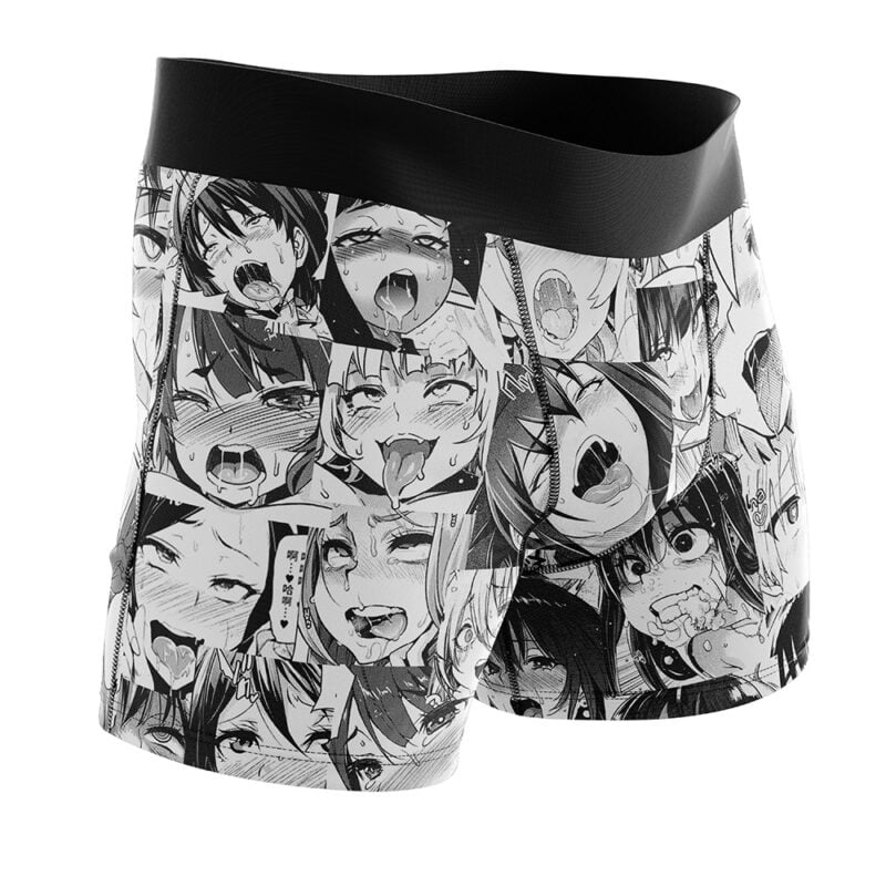 Ahegao Manga Boxer Briefs Men's Underwear features black-and-white anime faces with exaggerated expressions and open mouths, plus a solid black waistband.