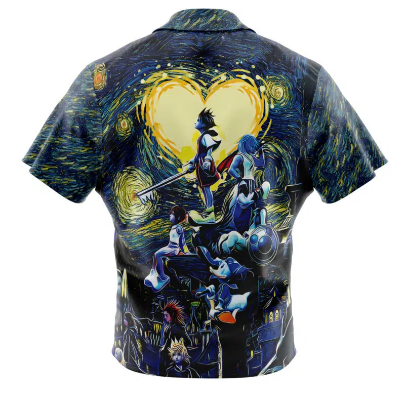 The Kingdom Hearts Starry Night Button Up Hawaiian Shirt features an illustration inspired by Kingdom Hearts characters set against a Starry Night-style background with a glowing heart in the sky.