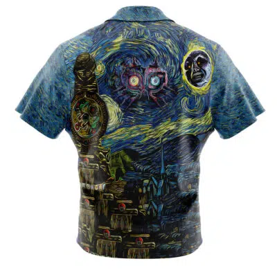 The Zelda Majora’s Mask Starry Night Button Up Hawaiian Shirt features a surreal design inspired by Van Gogh’s Starry Night, with abstract faces, swirling sky, eyes, and a dark cityscape on the back.