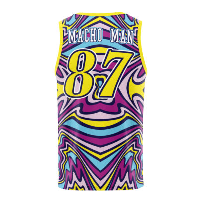 The Cream of the Crop Trippy Randy Savage Basketball Jersey is sleeveless with a psychedelic swirl in yellow, purple, blue, and pink. The back features "MACHO MAN" and the number 87 in bold white and yellow print.