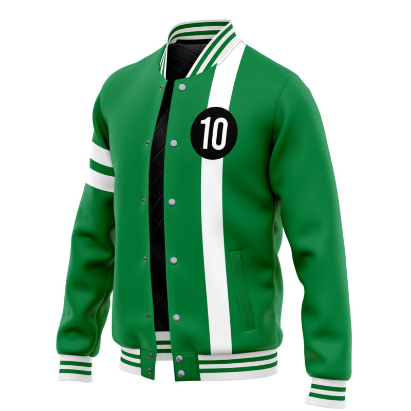 The Ben Tennyson Green Varsity Jacket features white stripes on the sleeves and trim, a black buttoned front, and a black chest circle with the number 10 in white.