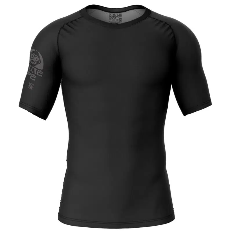 The Hashira Demon Slayer Short Sleeve Rash Guard Compression Shirt is a fitted black athletic top with subtle logo designs on the left sleeve and inside the collar, shown on a plain white background.
