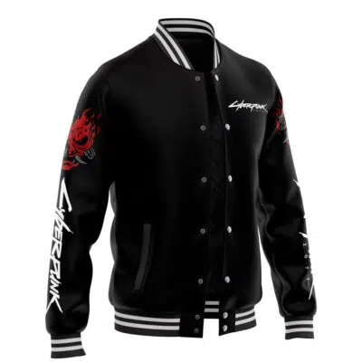 The Johnny Silverhand Cyberpunk 2077 Varsity Jacket is black with white stripes on the collar, cuffs, and hem. It features Cyberpunk text and a red flaming skull graphic on the right shoulder and left sleeve, plus white pocket accents.
