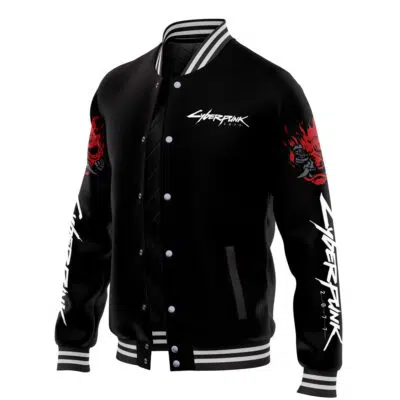 The Johnny Silverhand Cyberpunk 2077 Varsity Jacket is black with white-striped collar, cuffs, and hem, showcasing Cyberpunk text plus red graphics on sleeves and chest. The quilted lining adds extra warmth.