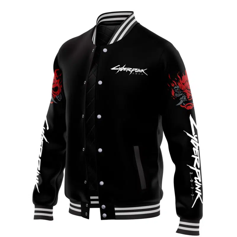 The Johnny Silverhand Cyberpunk 2077 Varsity Jacket is black with white-striped collar, cuffs, and hem, showcasing Cyberpunk text plus red graphics on sleeves and chest. The quilted lining adds extra warmth.