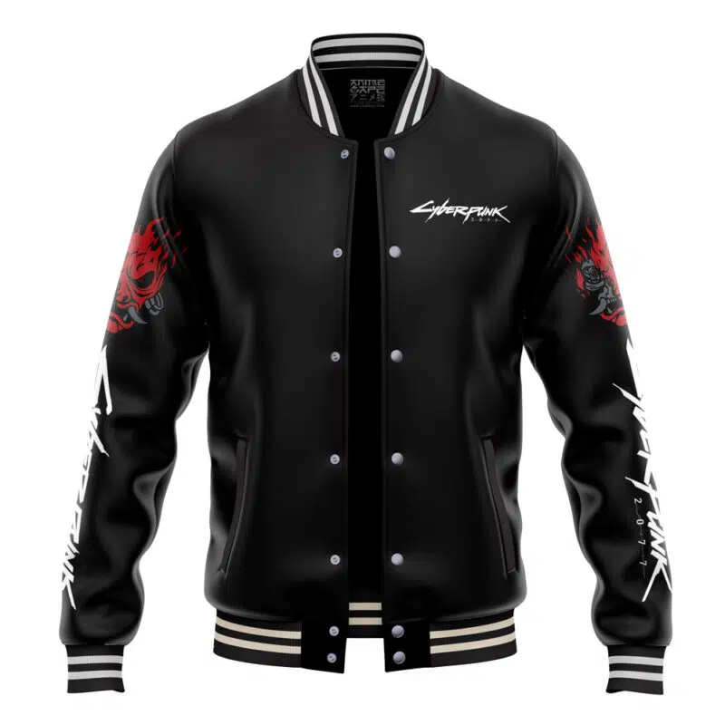 The Johnny Silverhand Cyberpunk 2077 Varsity Jacket is black with white buttons, striped cuffs and collar, Cyberpunk text on the chest and sleeve, and red stylized flaming wolf artwork on both shoulders.