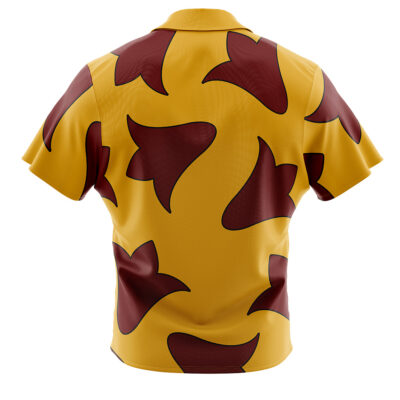 The Jumba Lilo & Stitch Button Up Hawaiian Shirt features a relaxed fit, short sleeves, a collar, and a yellow base with large dark red abstract shapes on the back and sleeves.