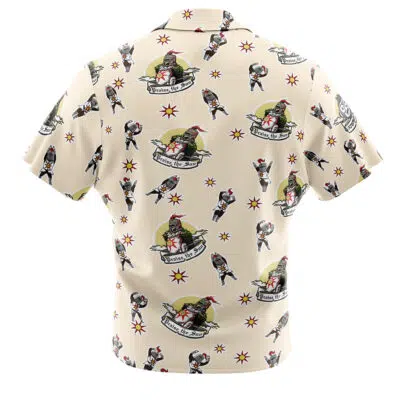 A short-sleeved, cream-colored Praise the Sun Pattern Dark Souls Button Up Hawaiian Shirt featuring repeating pirate and parrot illustrations, "Drink the Rum" banners, small swords, and colorful starbursts. The image shows the back of the shirt.