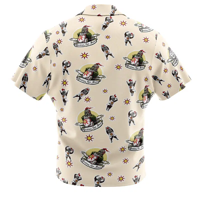 A short-sleeved, cream-colored Praise the Sun Pattern Dark Souls Button Up Hawaiian Shirt featuring repeating pirate and parrot illustrations, "Drink the Rum" banners, small swords, and colorful starbursts. The image shows the back of the shirt.