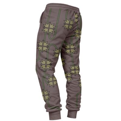 Shanks Trousers Pattern One Piece Sweatpants in gray, shown from the back, feature an elastic waistband and cuffs with a repeating pattern of large green starbursts connected by wavy green lines.