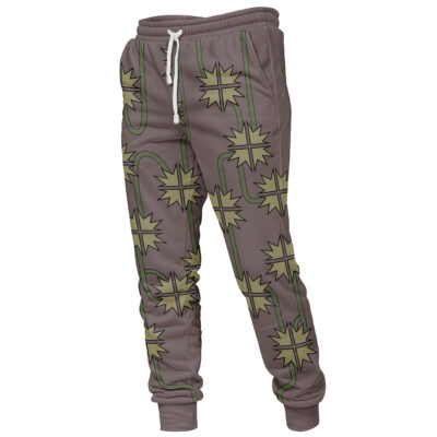 Shanks Trousers Pattern One Piece Sweatpants in gray with a drawstring waist and an all-over design of yellow-green starbursts linked by winding green lines.