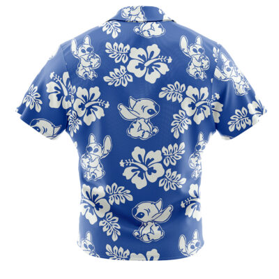 The Stitch Aloha Lilo & Stitch Button Up Hawaiian Shirt is a blue, short-sleeved shirt with white hibiscus flowers and playful cartoon Stitch illustrations.