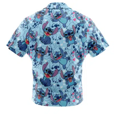 The Stitch Pattern Lilo & Stitch Button Up Hawaiian Shirt features short sleeves and an all-over print of playful blue Stitch characters on a light blue background with pink and blue accents.