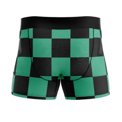 Tanjiro Kamado Demon Slayer men's boxer briefs, featuring a green and black checkered design, shown from the back on a white background.