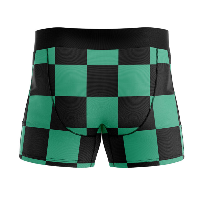 Tanjiro Kamado Demon Slayer men's boxer briefs, featuring a green and black checkered design, shown from the back on a white background.