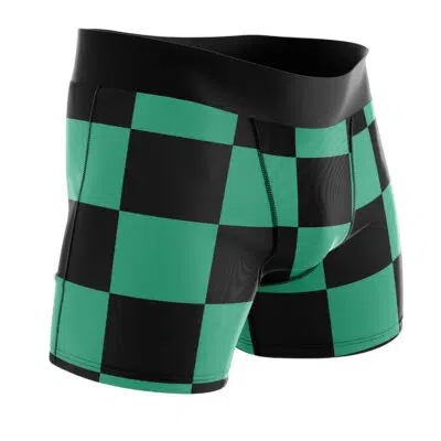 Tanjiro Kamado Demon Slayer Boxer Briefs for men, featuring a black and green checkered pattern, wide black waistband, and visible seam stitching.