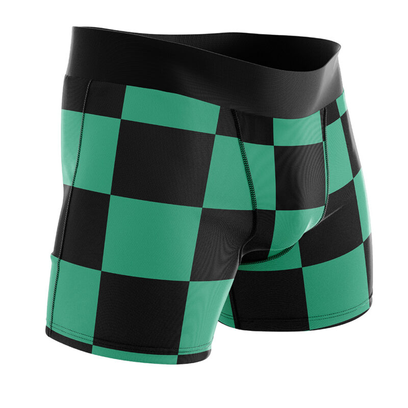 Tanjiro Kamado Demon Slayer Boxer Briefs for men, featuring a black and green checkered pattern, wide black waistband, and visible seam stitching.
