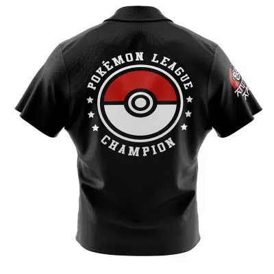 The Poke League Pokemon Button Up Hawaiian Shirt is a black short-sleeved shirt featuring a large red and white Poké Ball graphic on the back, "Pokémon League Champion" text in white, and five white stars on each side.