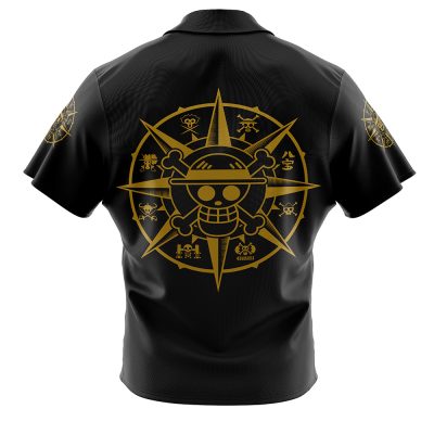 The Straw Hat Grand Fleet One Piece Button Up Hawaiian Shirt is a black short-sleeve shirt with a bold gold compass and smiling skull in a straw hat on the back, surrounded by smaller symbols and matching gold graphics on the sleeves.