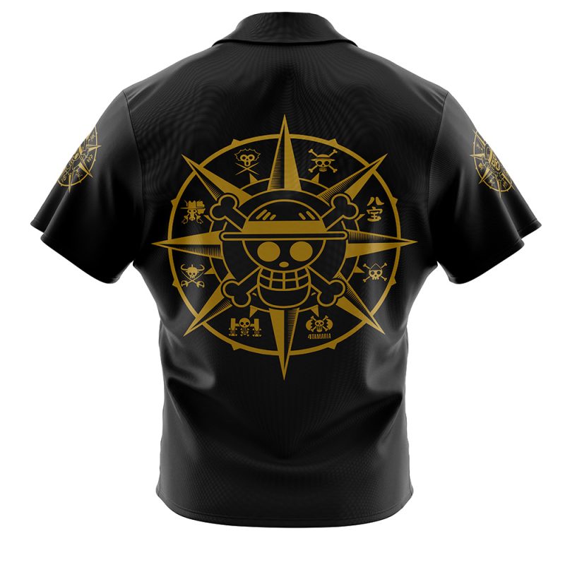 The Straw Hat Grand Fleet One Piece Button Up Hawaiian Shirt is a black short-sleeve shirt with a bold gold compass and smiling skull in a straw hat on the back, surrounded by smaller symbols and matching gold graphics on the sleeves.