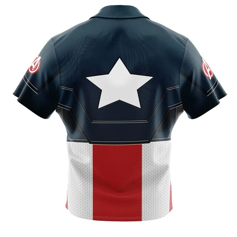 The Captain America Marvel Button Up Hawaiian Shirt features a design inspired by Captain America's costume, with a large white star on the upper back, dark blue shoulders, red and white stripes, and red sleeve logos.