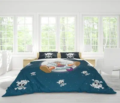 A bright room with large windows and white furniture features the Gear 5 Luffy v2 One Piece Bedding Set, showcasing navy blue bedding decorated with cartoon astronaut motifs and playful skull-and-crossbones designs.