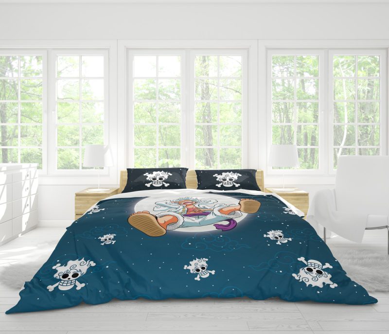 A bright room with large windows and white furniture features the Gear 5 Luffy v2 One Piece Bedding Set, showcasing navy blue bedding decorated with cartoon astronaut motifs and playful skull-and-crossbones designs.