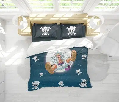 Top-down view of a bright, white room with large windows featuring the Gear 5 Luffy v2 One Piece Bedding Set, decorated with a playful Luffy character and multiple small skull designs on a blue background.