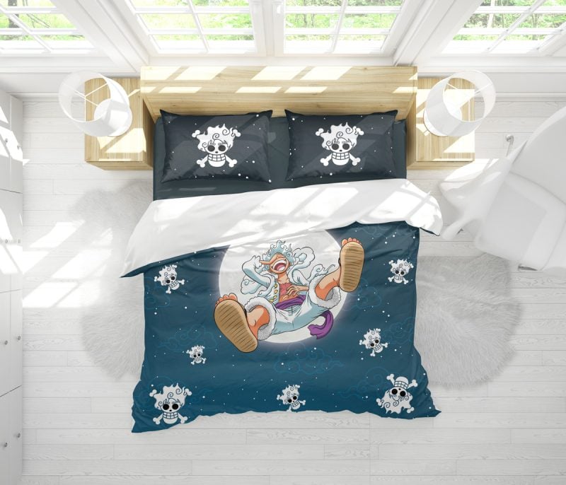 Top-down view of a bright, white room with large windows featuring the Gear 5 Luffy v2 One Piece Bedding Set, decorated with a playful Luffy character and multiple small skull designs on a blue background.