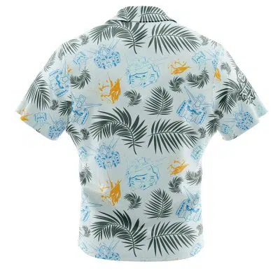 The Gundam Mobile Suit Button Up Hawaiian Shirt is shown from the back, featuring green palm leaves, blue line-drawn tanks, and orange helicopters on a light background.