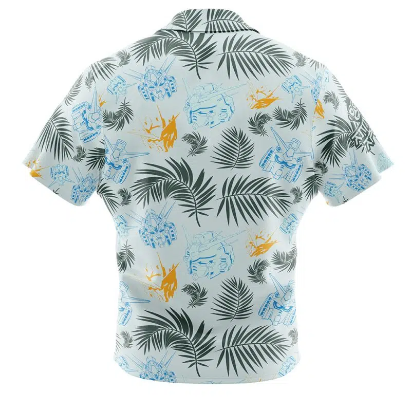 The Gundam Mobile Suit Button Up Hawaiian Shirt is shown from the back, featuring green palm leaves, blue line-drawn tanks, and orange helicopters on a light background.