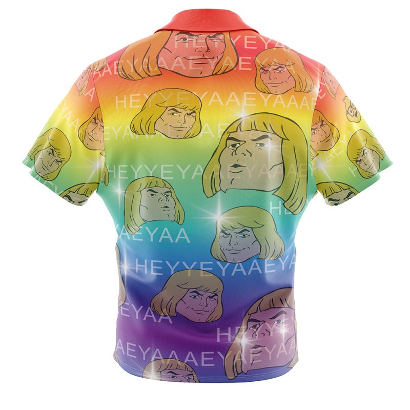 The HEYYEYAA He-Man Masters of the Universe Button Up Hawaiian Shirt features a rainbow design with repeating cartoon He-Man faces and the text “HEYYEYAAEYAAAEYAEYAA” across the fabric.
