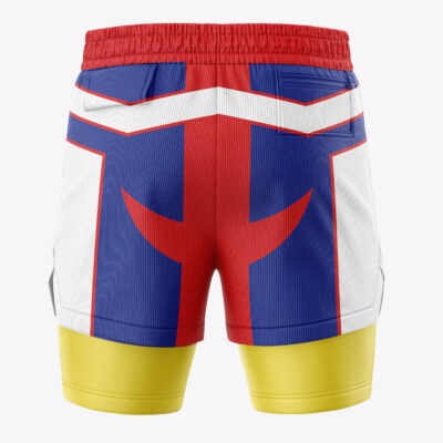 All Might My Hero Academia 2-in-1 Performance Shorts feature a bold, superhero-inspired design in red, white, blue, and yellow with a red waistband, mock pockets, and a graphic “V” pattern on the back.