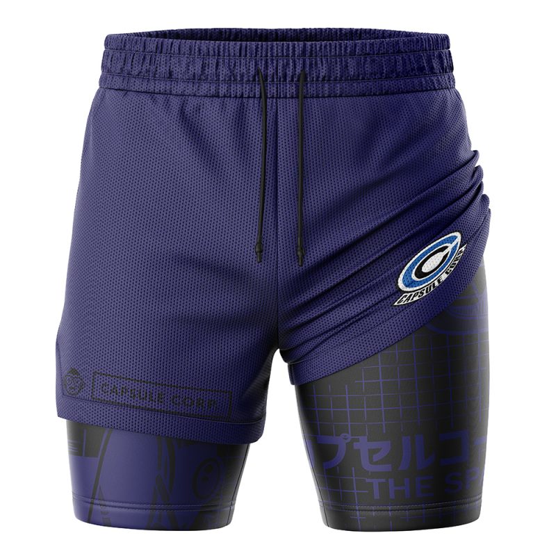 The Capsule Corp DBZ 2-in-1 Performance Shorts feature a dark purple layered design, blue and white logo, Japanese characters, grid lines, drawstring waistband, and an inner layer with geometric graphics.