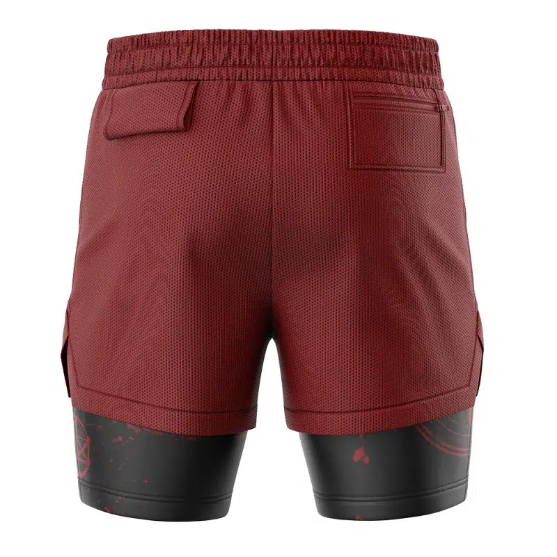 Edward Elric Fullmetal Alchemist 2-in-1 Performance Shorts: maroon athletic shorts with mesh texture, back pockets, and black compression liner featuring red symbols. Modern, sporty design.