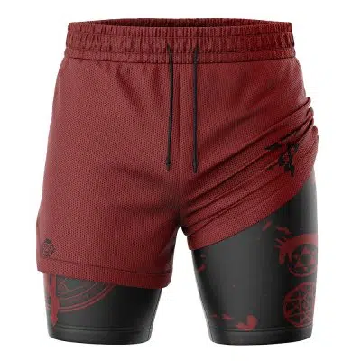 The Edward Elric Fullmetal Alchemist 2-in-1 Performance Shorts feature maroon athletic shorts with a drawstring waist layered over black compression shorts adorned with red alchemy symbols. Ruched detailing and a stylized black symbol accent the right side.