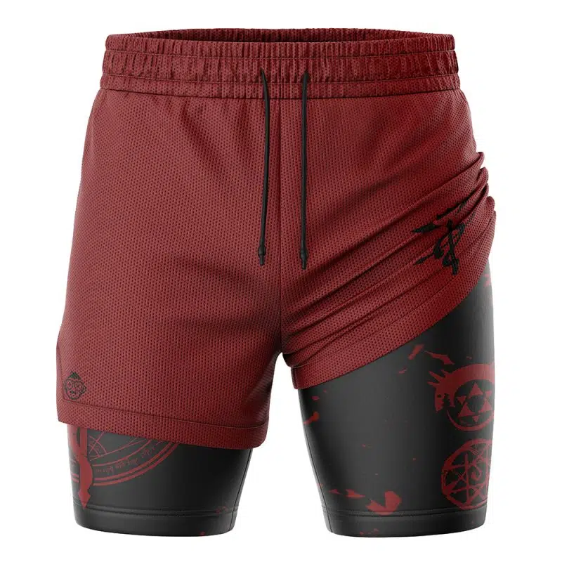 The Edward Elric Fullmetal Alchemist 2-in-1 Performance Shorts feature maroon athletic shorts with a drawstring waist layered over black compression shorts adorned with red alchemy symbols. Ruched detailing and a stylized black symbol accent the right side.