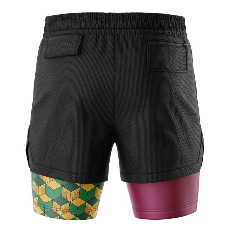 The Giyu Tomioka Demon Slayer Performance Shorts are shown from the back with two pockets. Underneath, layered leggings feature a yellow-green geometric cube pattern on the left leg and burgundy color on the right.