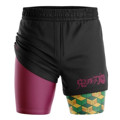 The Giyu Tomioka Demon Slayer Performance Shorts are black athletic shorts with an asymmetrical design—maroon on the left leg, a green and yellow geometric pattern on the right, and pink stylized Japanese text printed on the front right side.