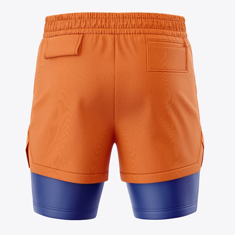 Back view of Goku DBZ 2-in-1 Performance Shorts in orange featuring an elastic waistband, right back flap pocket, left zip pocket, and attached blue compression layer extending below the outer shorts.
