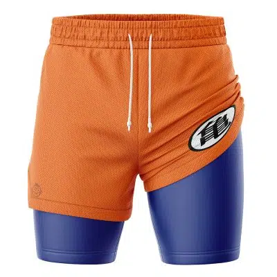 The Goku DBZ 2-in-1 Performance Shorts feature orange mesh athletic shorts with a white drawstring and FW patch, worn over shiny blue compression shorts for a dynamic, layered look.