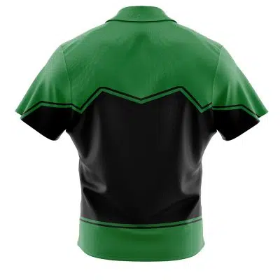 The Green Lantern DC Comics Button Up Hawaiian Shirt has short sleeves, a green top and bottom, a zigzag black band across the middle, and black sleeves with green trim, shown from the back.