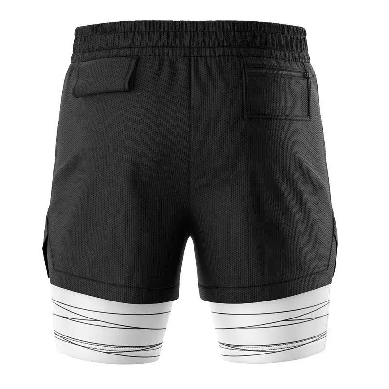 The Hashira Demon Slayer Performance Shorts are black athletic shorts viewed from the back, with two rear pockets, a mesh texture, and a white lower section accented with black horizontal stripes.